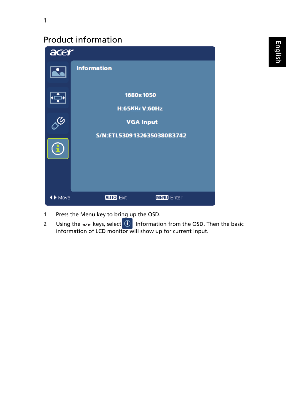 Product information | Acer P224W User Manual | Page 26 / 28