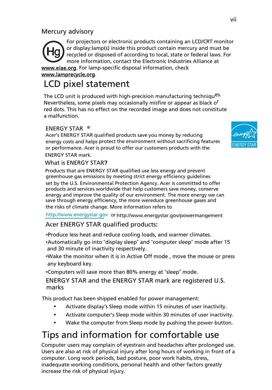 Lcd pixel statement, Tips and information for comfortable use | Acer P224W User Manual | Page 7 / 28