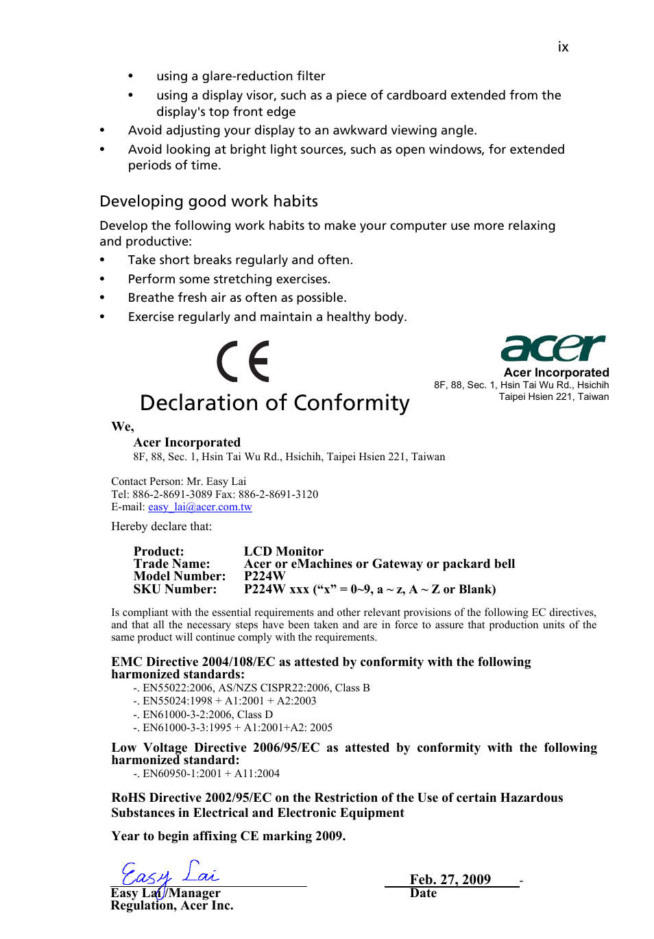 Declaration of conformity | Acer P224W User Manual | Page 9 / 28