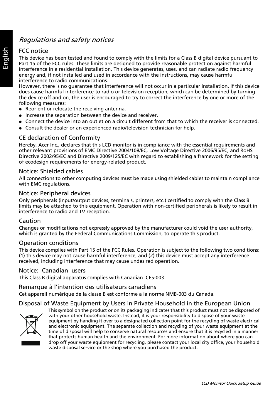 Regulations and safety notices, Eng lis h | Acer V213HL User Manual | Page 2 / 2