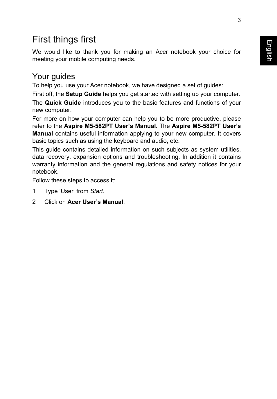 First things first, Your guides | Acer Aspire M5-582PT User Manual | Page 3 / 10