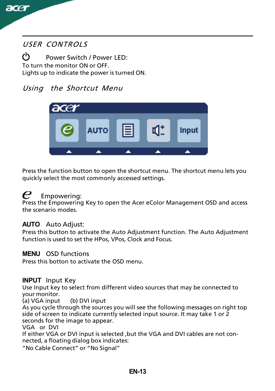 User controls, Using the shortcut menu | Acer S182HL User Manual | Page 14 / 23