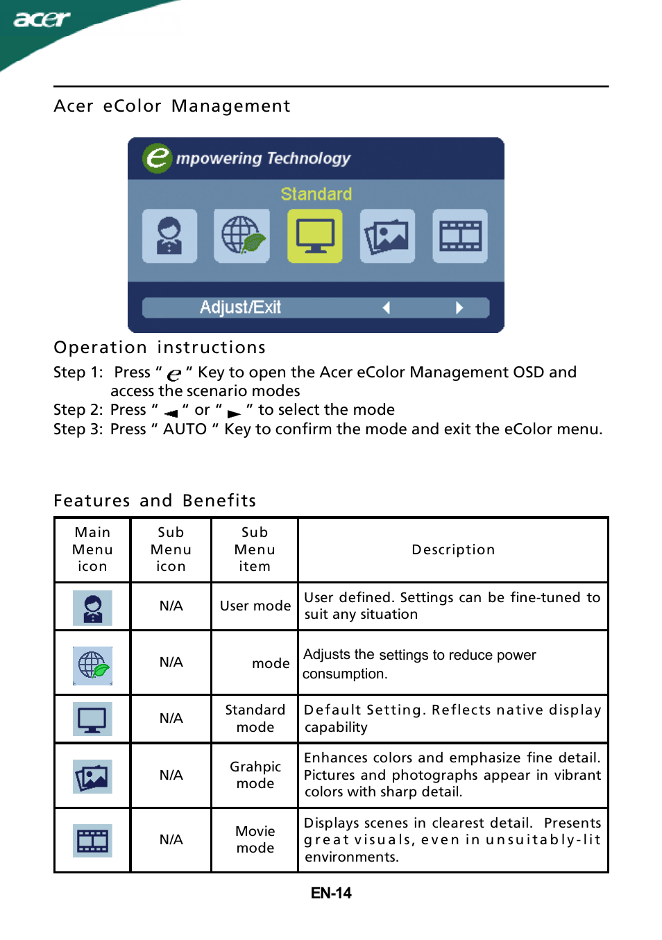 Acer ecolor management operation instructions, Features and benefits | Acer S182HL User Manual | Page 15 / 23