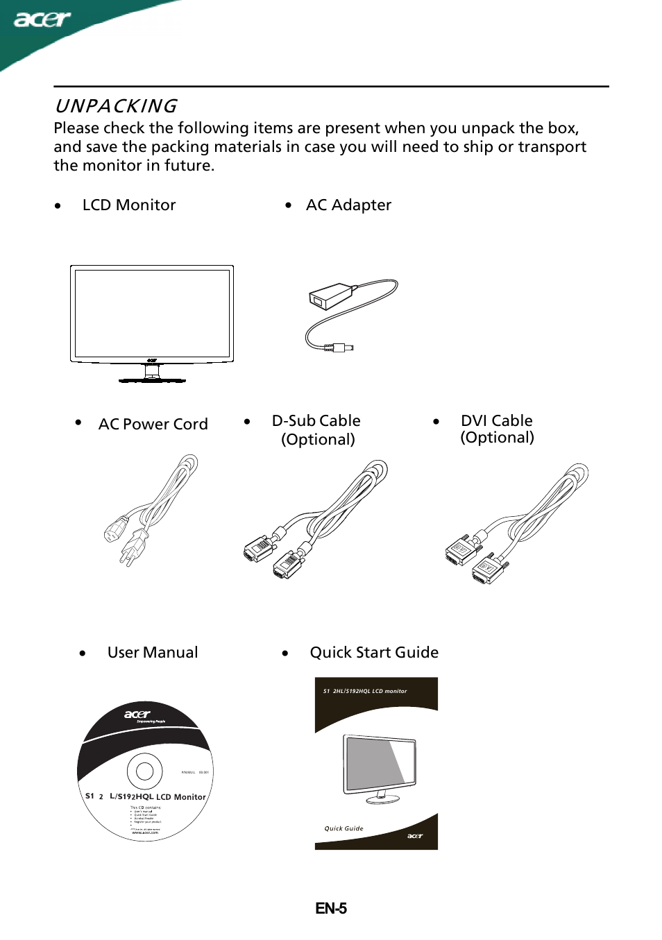Unpacking, En-5 · lcd monitor, Optional) | Acer S182HL User Manual | Page 6 / 23