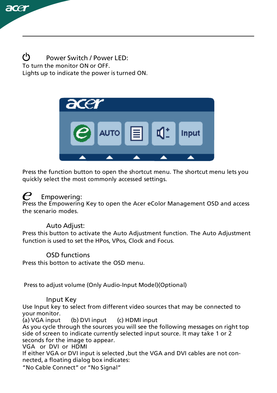 User controls, Using the shortcut menu | Acer H274HL User Manual | Page 14 / 23