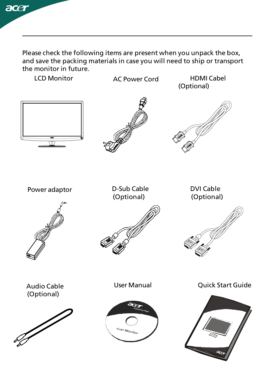Unpacking | Acer H274HL User Manual | Page 6 / 23