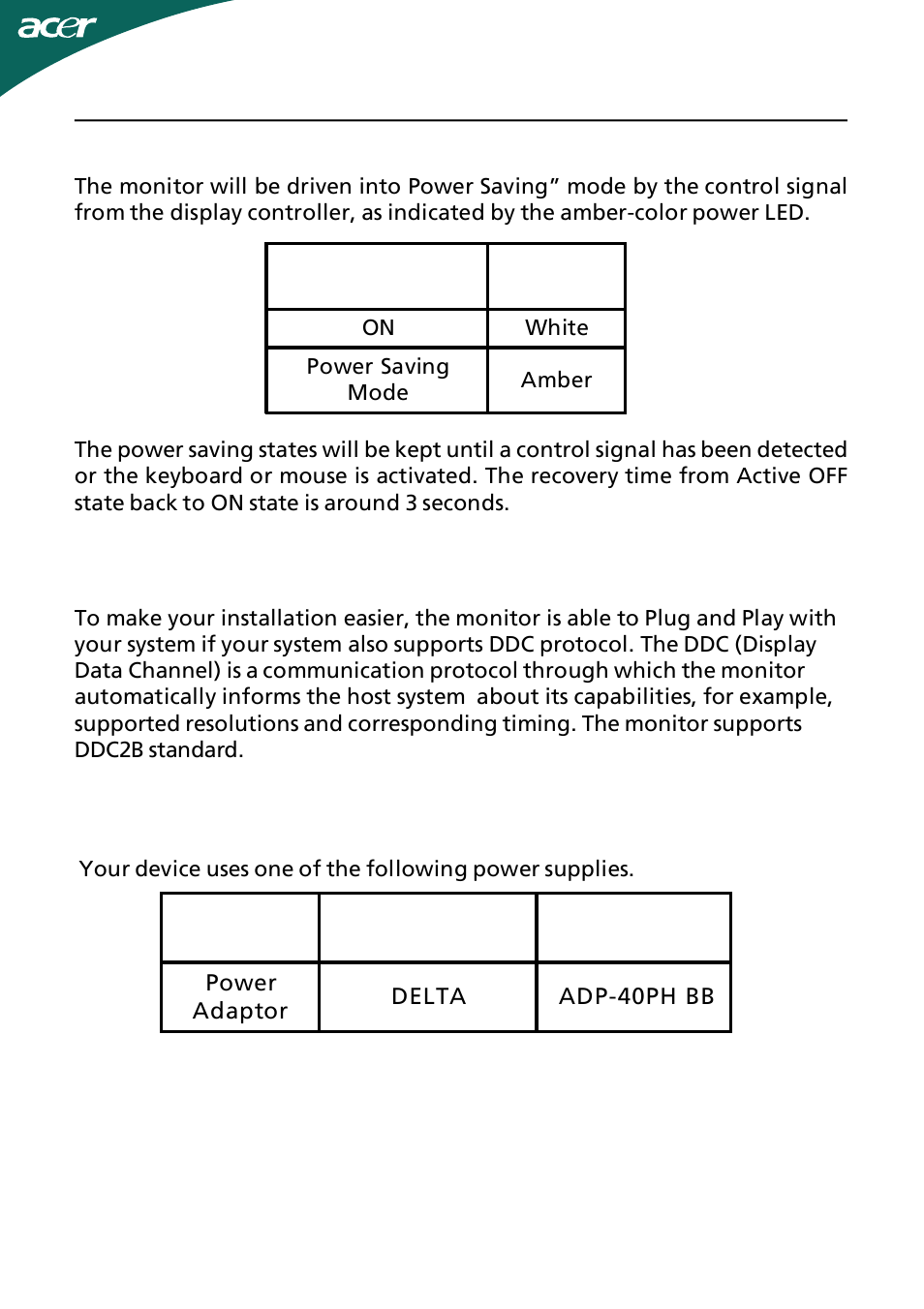 Power saving, Power adaptor | Acer H274HL User Manual | Page 9 / 23