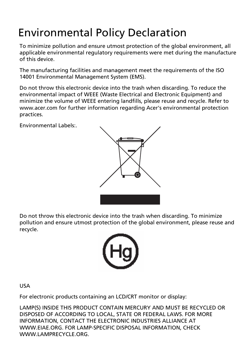Environmental policy declaration | Acer AcerPower F6 User Manual | Page 23 / 23