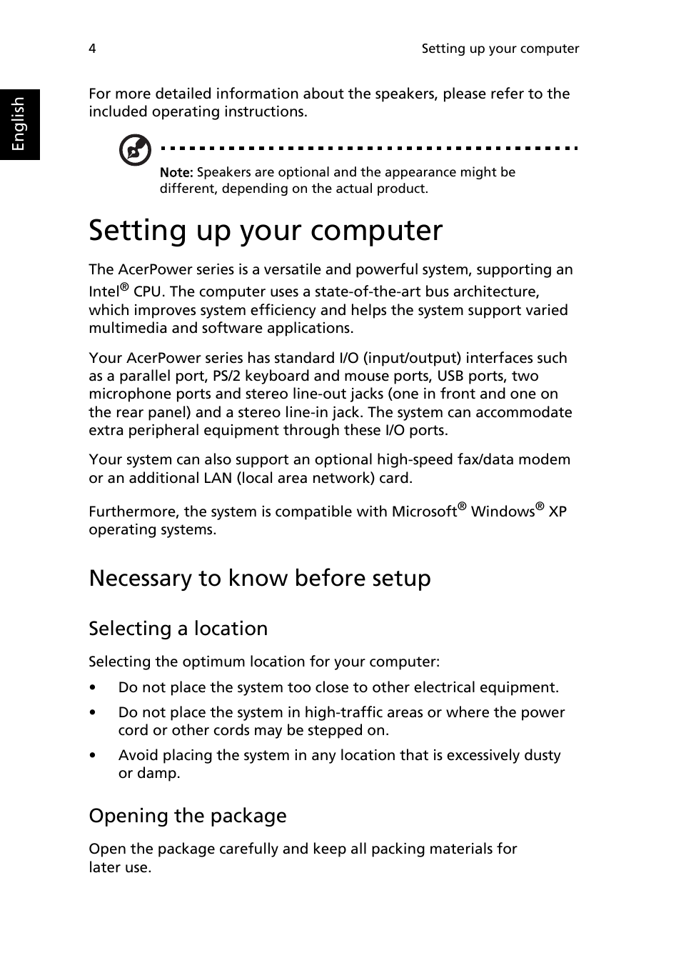 Setting up your computer, Necessary to know before setup, Selecting a location | Opening the package | Acer AcerPower F6 User Manual | Page 8 / 23