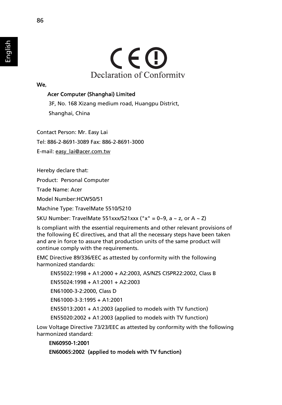 Declaration of conformity, English | Acer TravelMate 5210 User Manual | Page 104 / 107