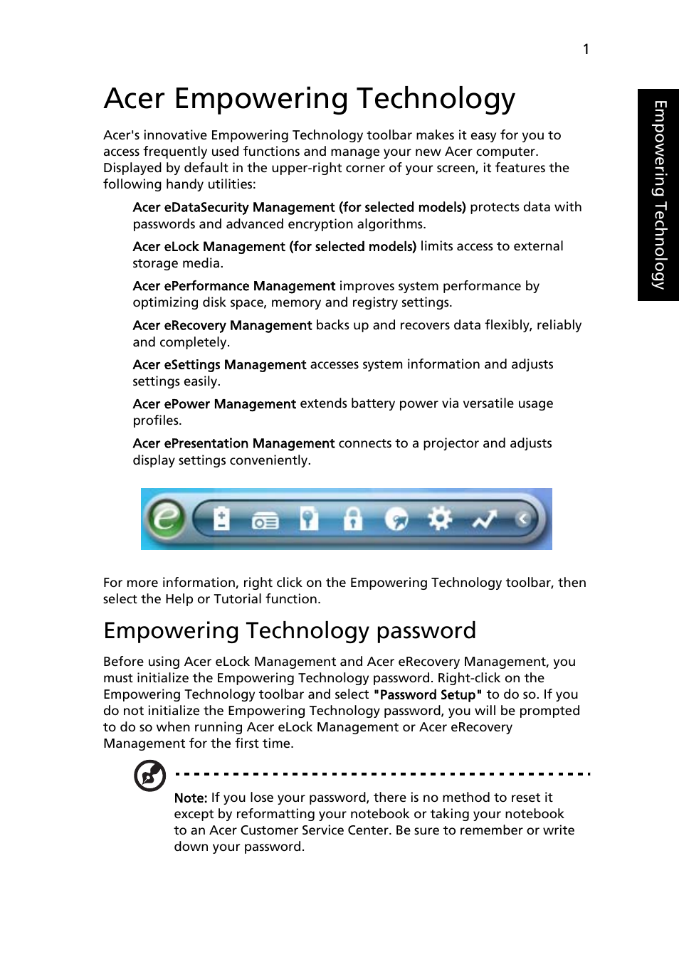 Acer empowering technology, Empowering technology password | Acer TravelMate 5210 User Manual | Page 19 / 107