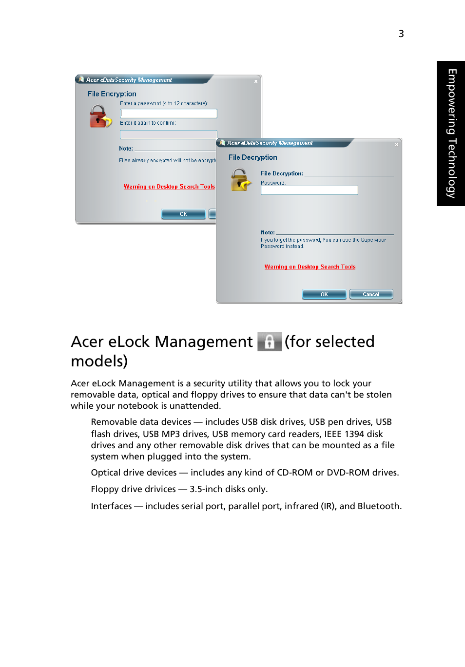 Acer elock management (for selected models), Acer elock management, For selected models) | Acer TravelMate 5210 User Manual | Page 21 / 107