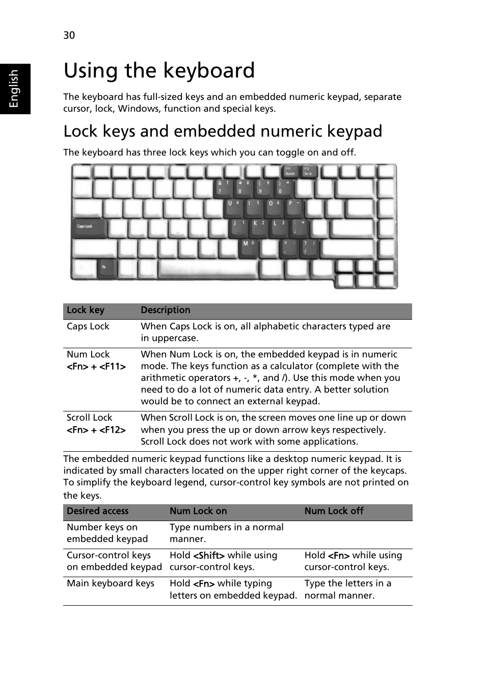 Using the keyboard, Lock keys and embedded numeric keypad | Acer TravelMate 5210 User Manual | Page 48 / 107