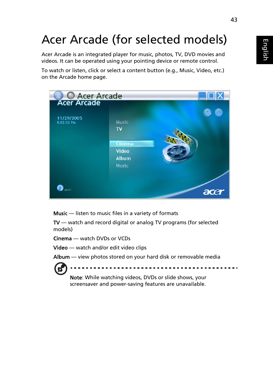 Acer arcade, Acer arcade (for selected models) | Acer TravelMate 5210 User Manual | Page 61 / 107