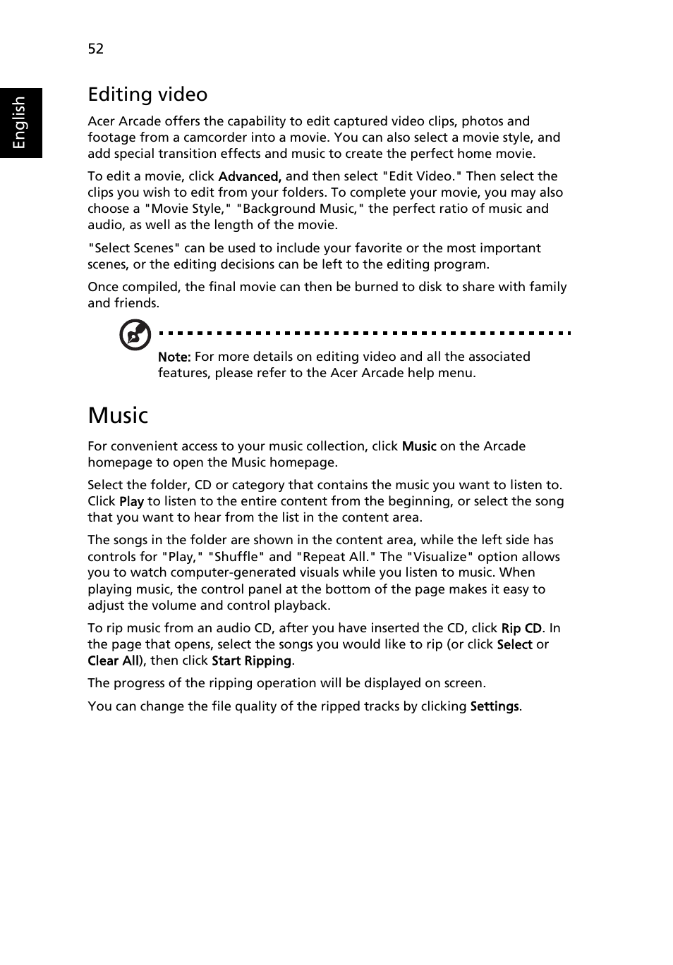 Music, Snapshot, Editing video | Acer TravelMate 5210 User Manual | Page 70 / 107