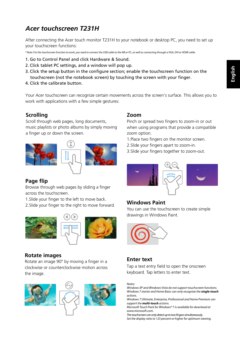 Acer touchscreen t231h, Scrolling, Zoom | Page flip, Rotate images, Enter text, Windows paint | Acer T231H User Manual | Page 24 / 24