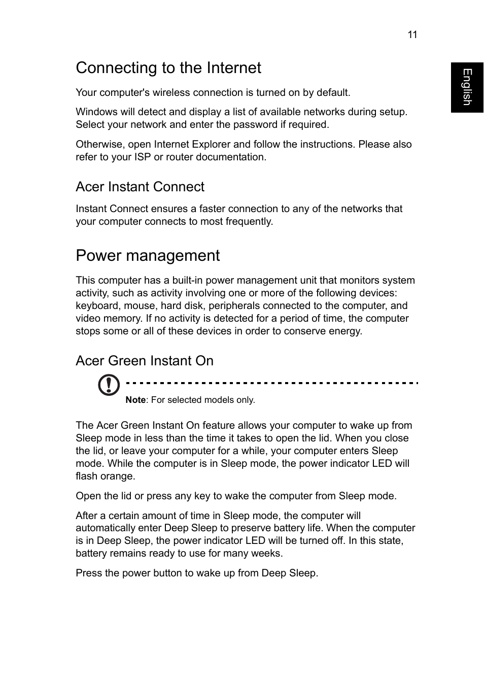 Connecting to the internet, Power management, Acer instant connect | Acer green instant on | Acer Aspire V5-551G User Manual | Page 11 / 12