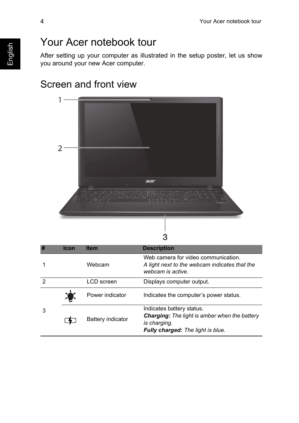 Your acer notebook tour, Screen and front view | Acer Aspire V5-551G User Manual | Page 4 / 12