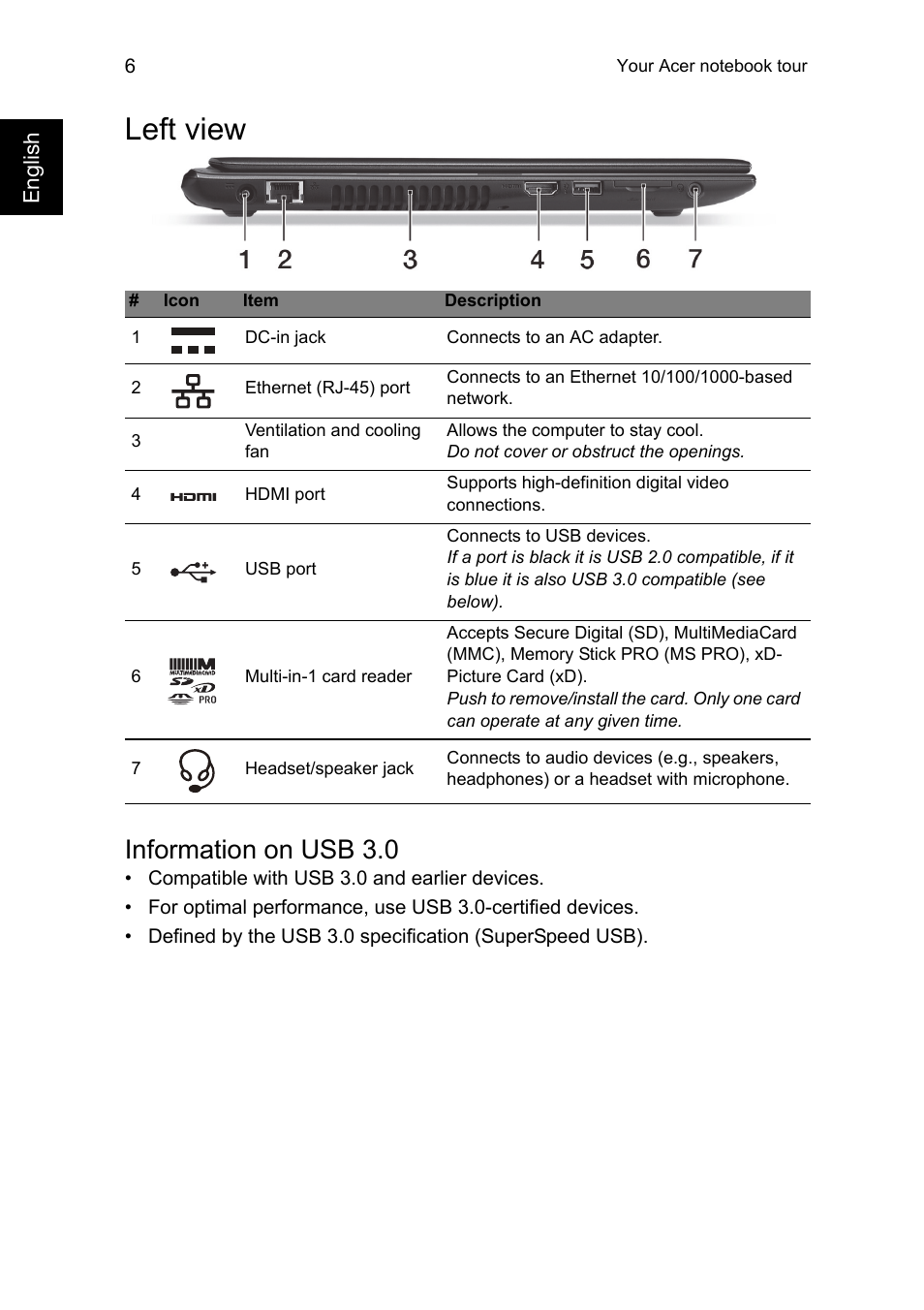 Left view, Information on usb 3.0 | Acer Aspire V5-551G User Manual | Page 6 / 12