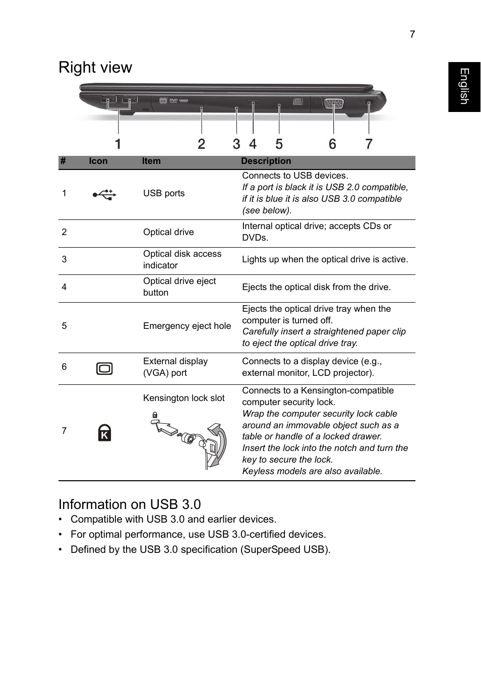 Right view, Information on usb 3.0 | Acer Aspire V5-551G User Manual | Page 7 / 12