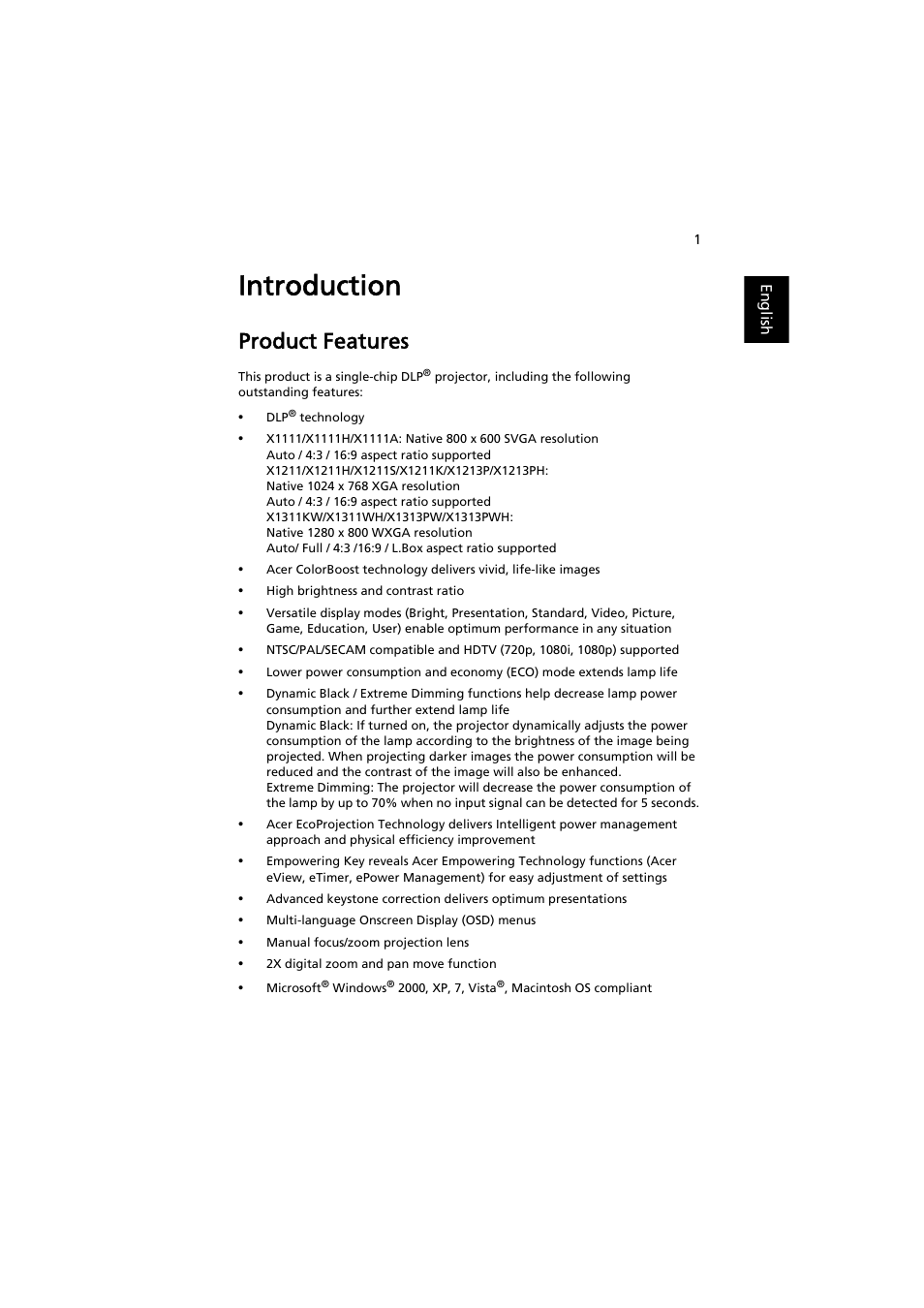 Introduction, Product features | Acer X1311WH User Manual | Page 11 / 63