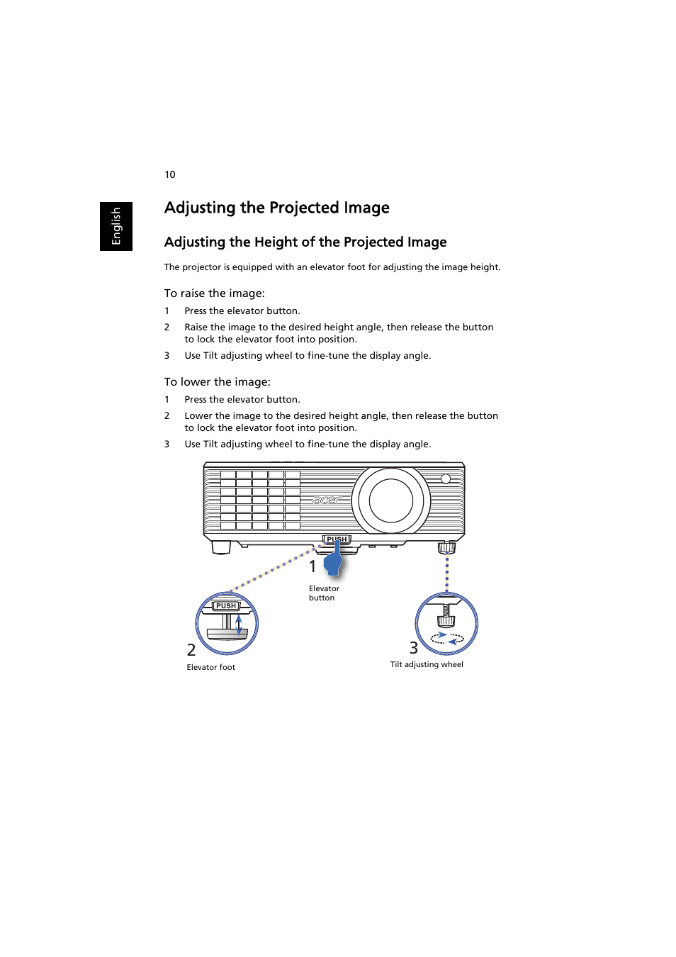 Adjusting the projected image, Adjusting the height of the projected image | Acer X1311WH User Manual | Page 20 / 63