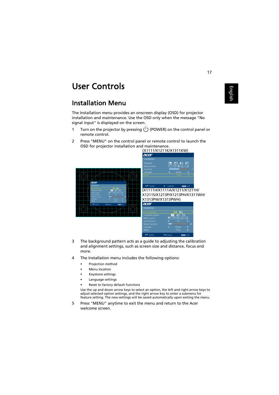 User controls, Installation menu | Acer X1311WH User Manual | Page 27 / 63