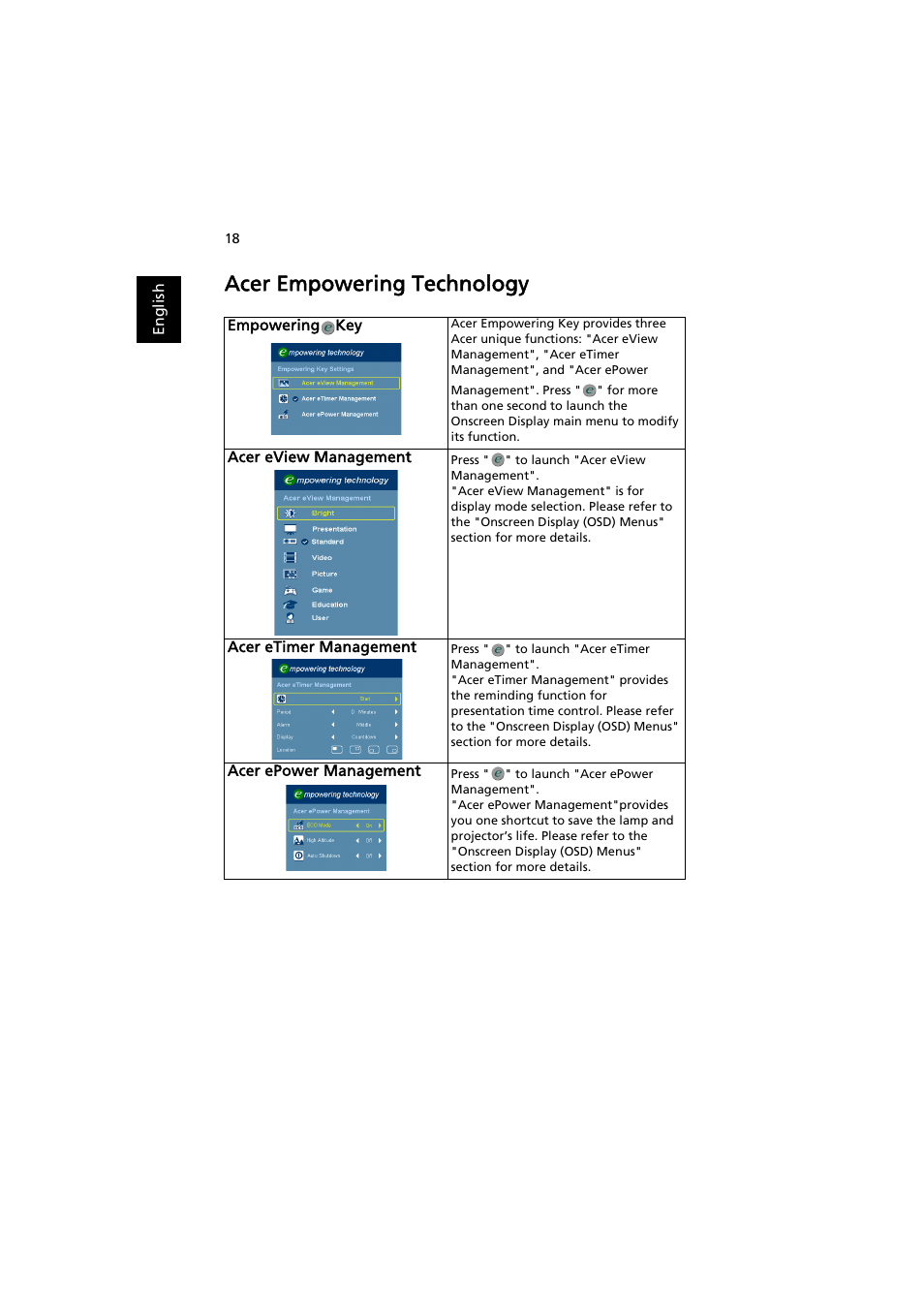 Acer empowering technology | Acer X1311WH User Manual | Page 28 / 63