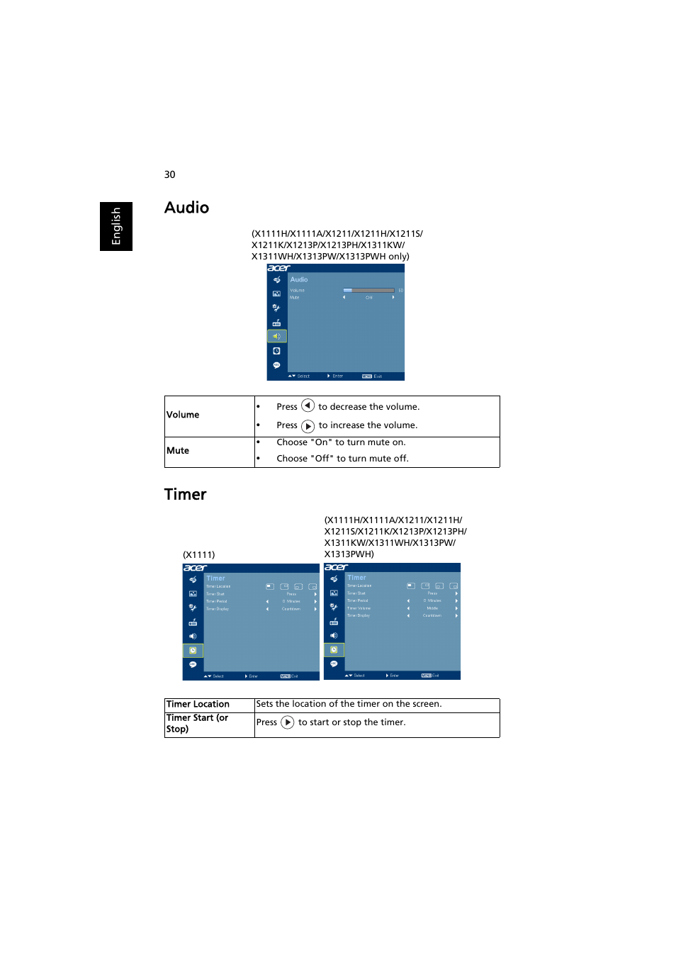 Audio, Timer, Audio timer | Acer X1311WH User Manual | Page 40 / 63