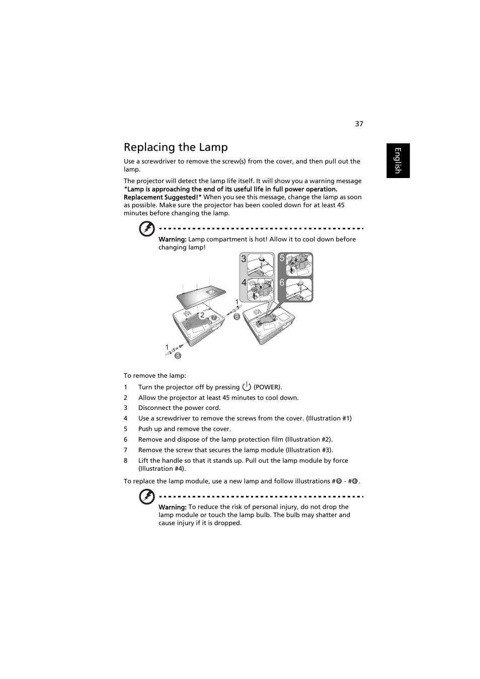 Replacing the lamp, E "replacing the lamp | Acer X1311WH User Manual | Page 47 / 63