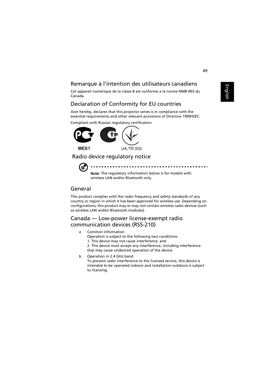 Remarque à l'intention des utilisateurs canadiens, Declaration of conformity for eu countries, Radio device regulatory notice | General | Acer X1311WH User Manual | Page 59 / 63