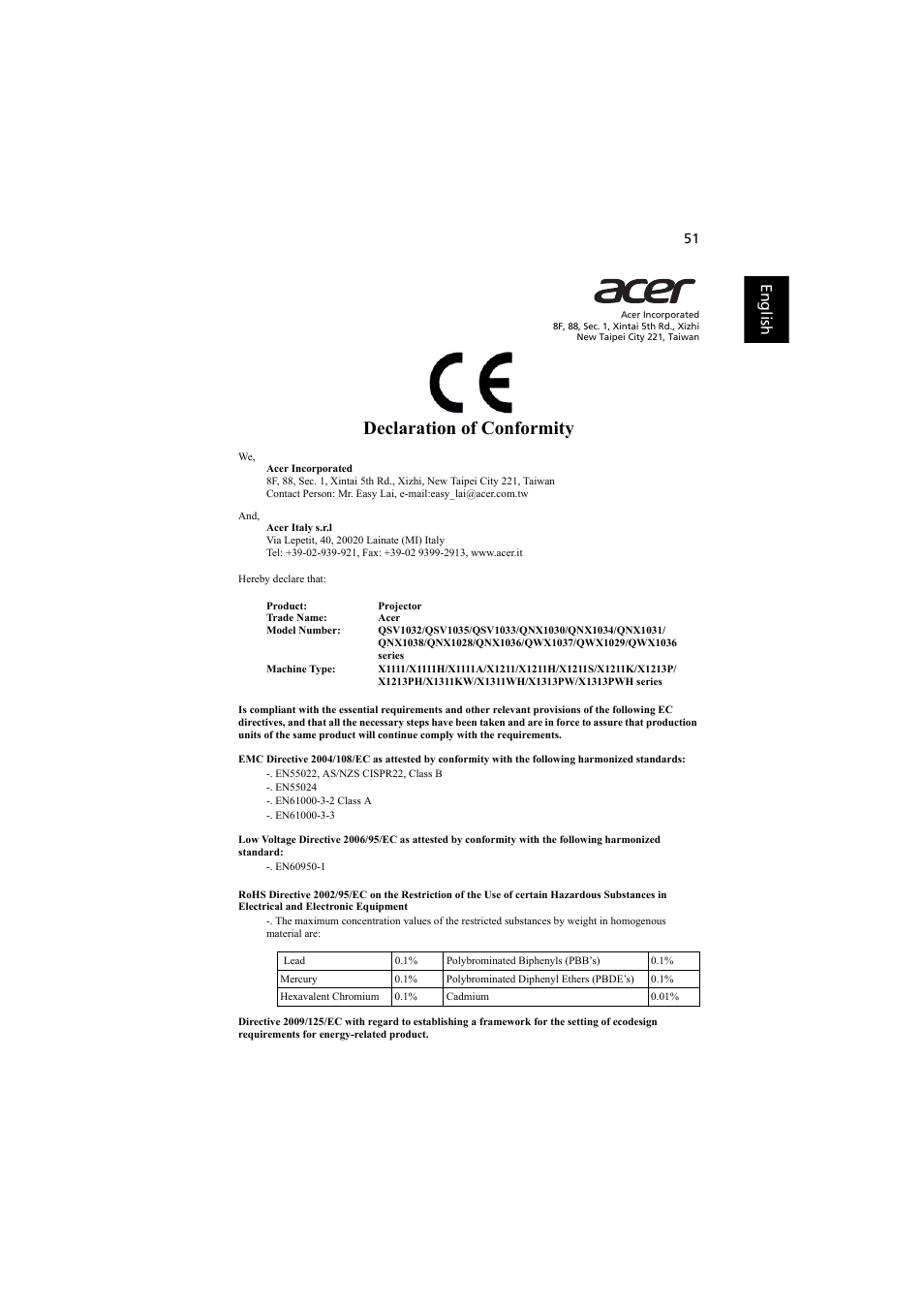 Declaration of conformity, En gli shenglish | Acer X1311WH User Manual | Page 61 / 63