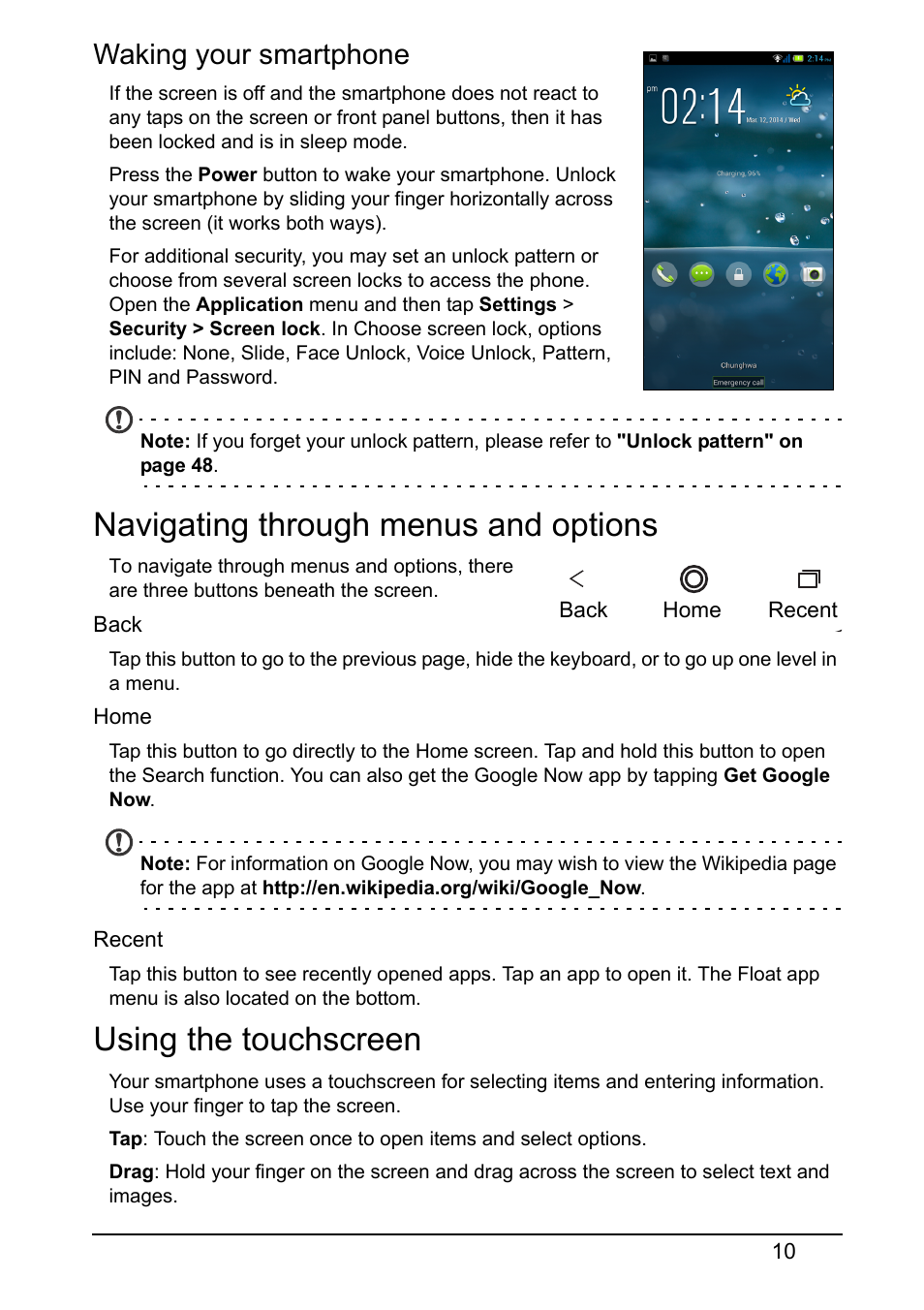Waking your smartphone, Navigating through menus and options, Using the touchscreen | Acer E380 User Manual | Page 10 / 61