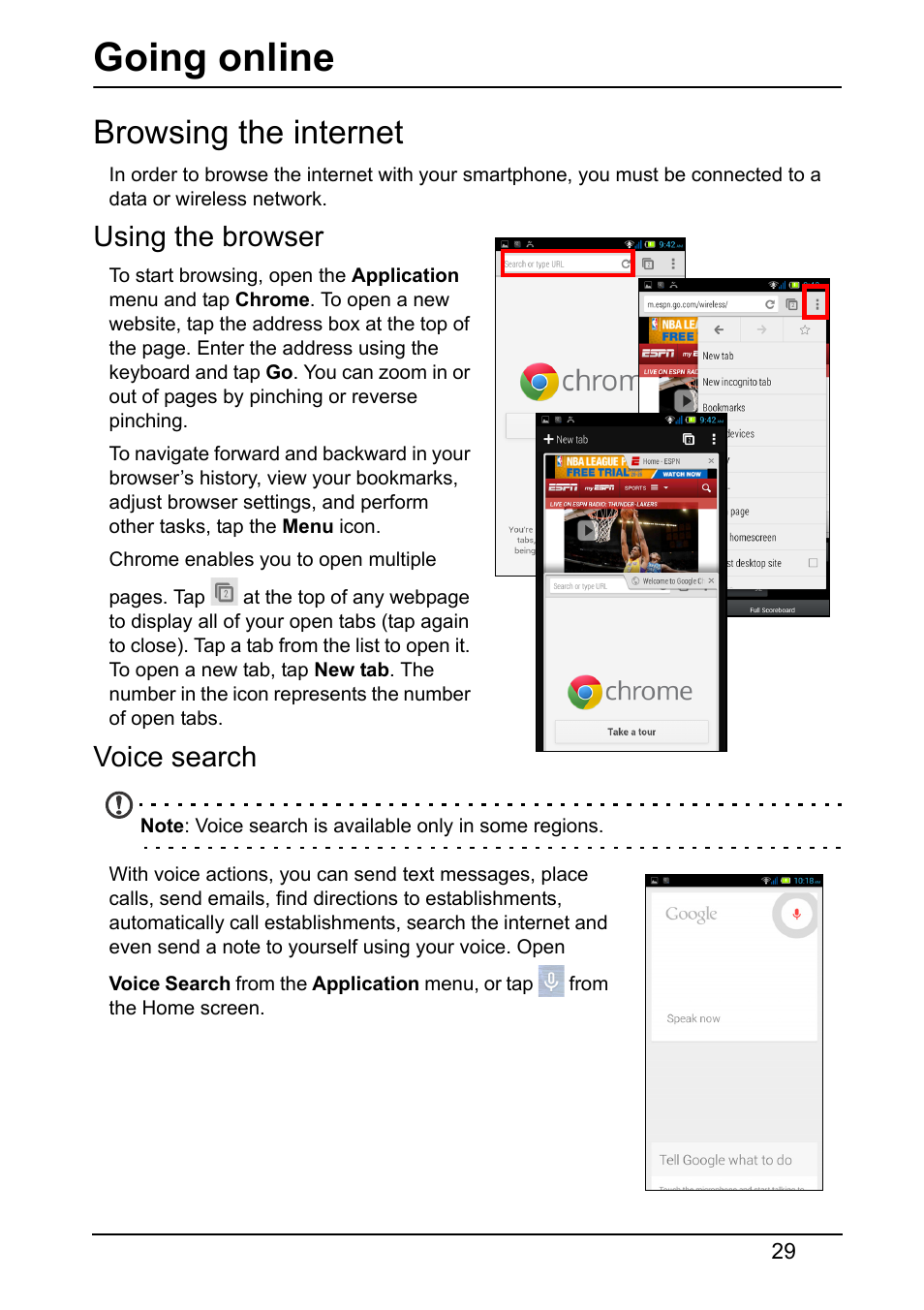Going online, Browsing the internet, Using the browser | Voice search | Acer E380 User Manual | Page 29 / 61