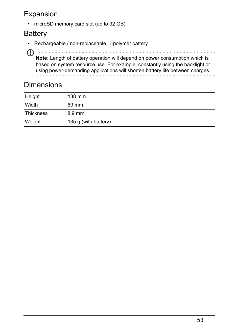 Expansion, Battery, Dimensions | Acer E380 User Manual | Page 53 / 61