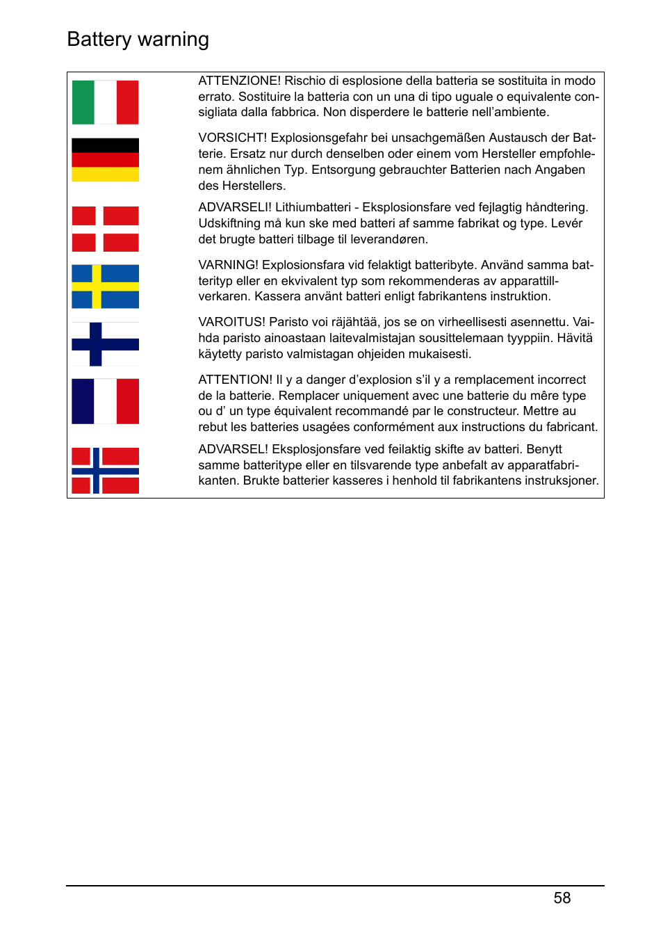 Battery warning | Acer E380 User Manual | Page 58 / 61