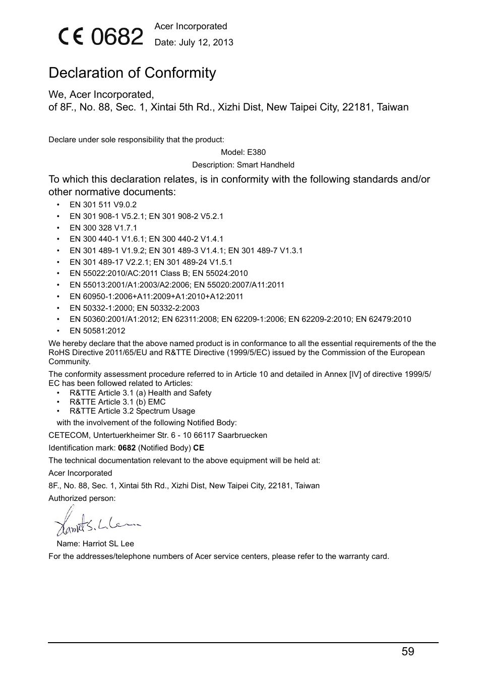 Declaration of conformity | Acer E380 User Manual | Page 59 / 61