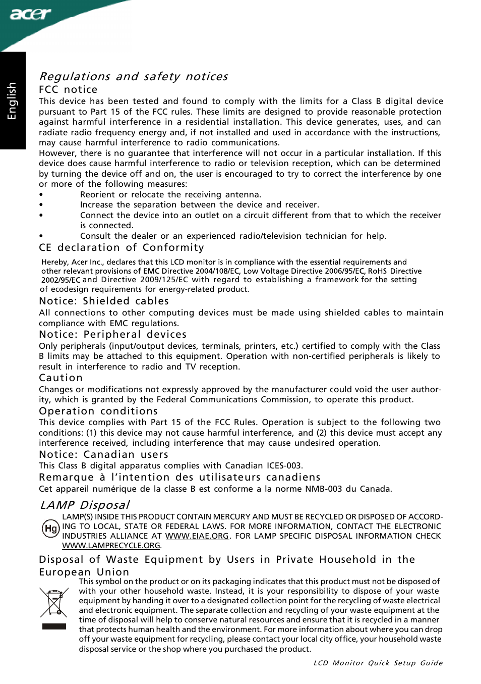 Lamp disposal, Regulations and safety notices, En gl is h | Acer A231H User Manual | Page 2 / 2