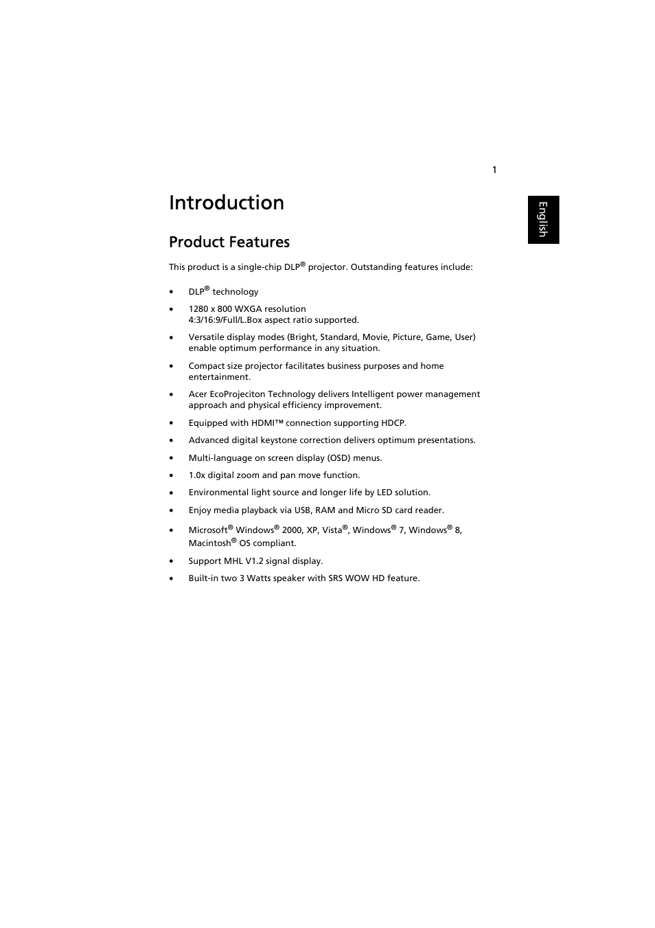 Introduction, Product features | Acer K137 User Manual | Page 11 / 43