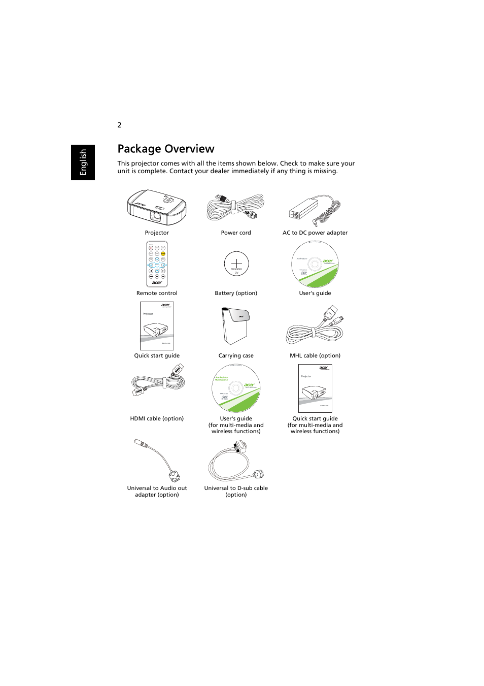 Package overview, En gl ish, Media home back enter media setup | Acer K137 User Manual | Page 12 / 43