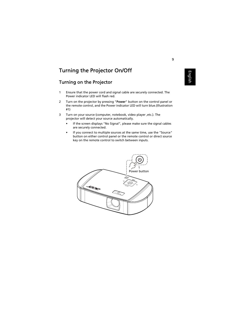 Turning the projector on/off, Turning on the projector | Acer K137 User Manual | Page 19 / 43