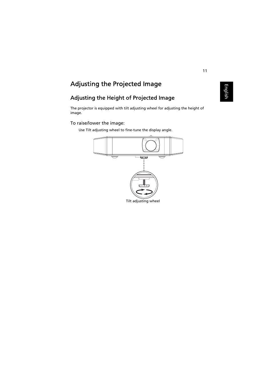 Adjusting the projected image, Adjusting the height of projected image | Acer K137 User Manual | Page 21 / 43