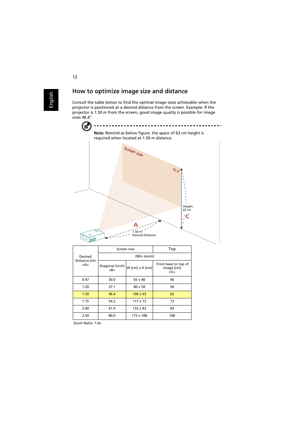 How to optimize image size and distance | Acer K137 User Manual | Page 22 / 43