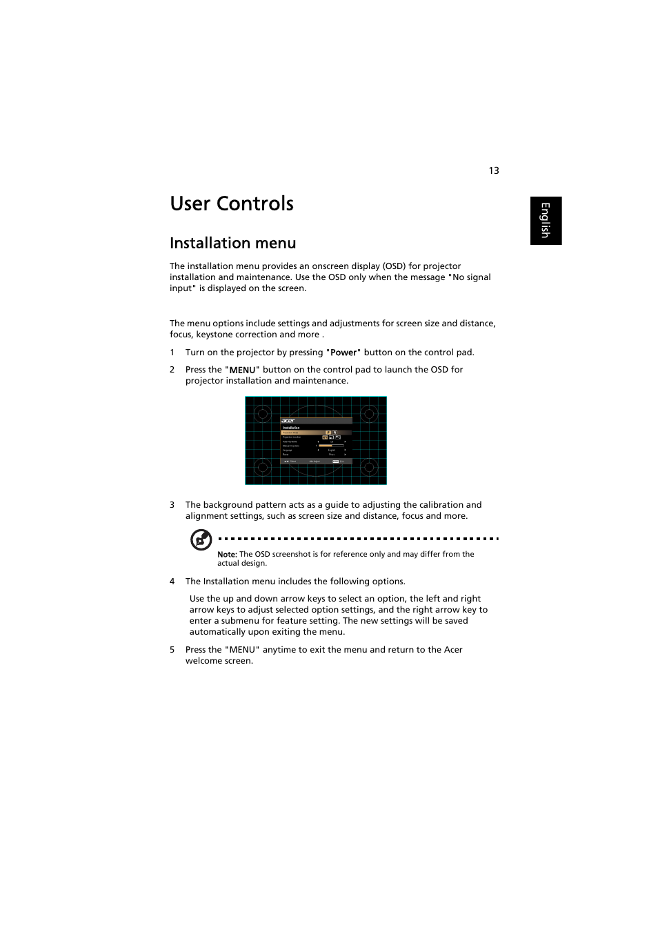 User controls, Installation menu | Acer K137 User Manual | Page 23 / 43