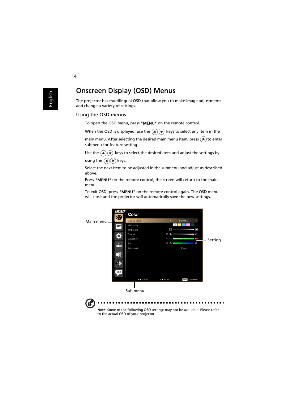 Onscreen display (osd) menus | Acer K137 User Manual | Page 24 / 43