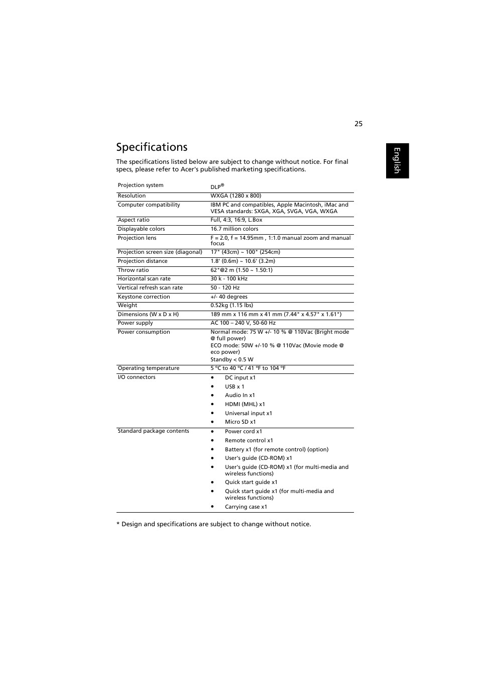 Specifications, English | Acer K137 User Manual | Page 35 / 43