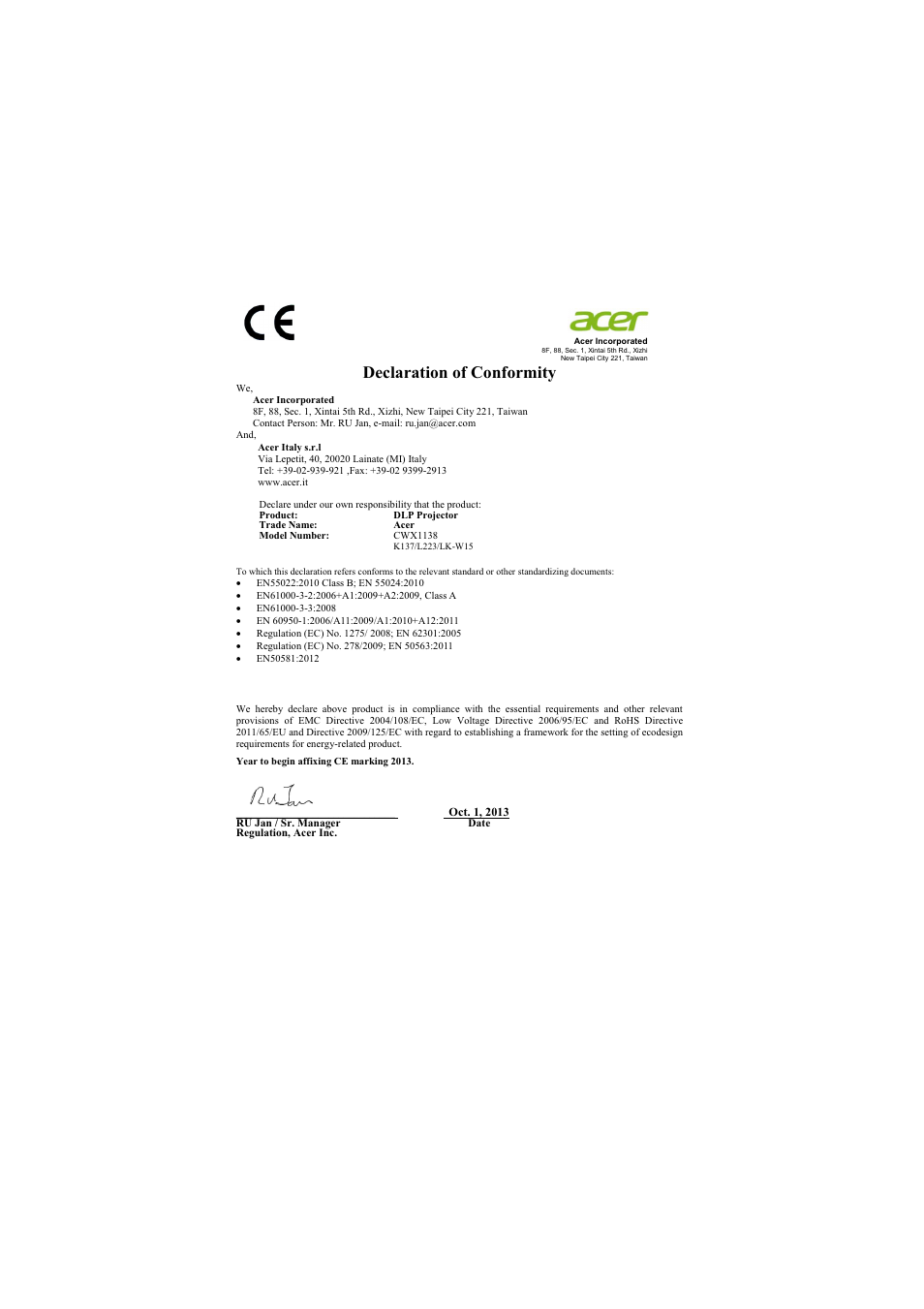 Declaration of conformity | Acer K137 User Manual | Page 42 / 43
