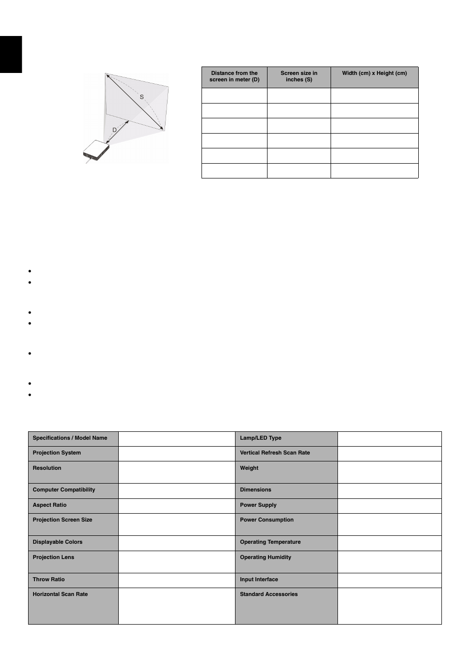 How to optimize image size and distance, Turn off the usb projector, Troubleshooting | Specifications | Acer C110 User Manual | Page 8 / 8