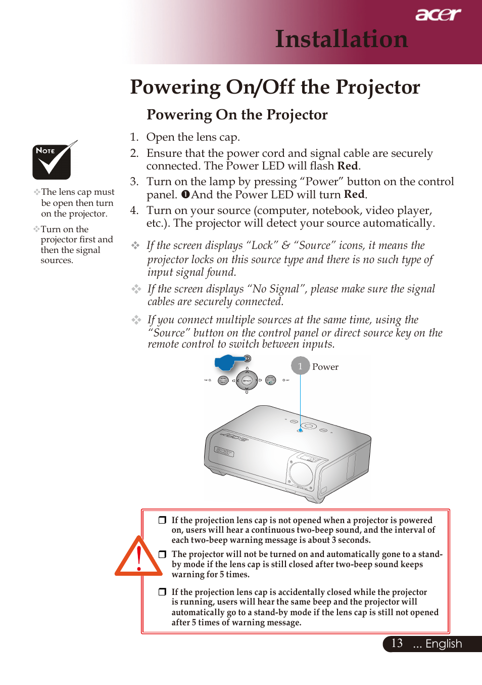 Installation, Powering on/off the projector, Powering on the projector | Acer PD726 User Manual | Page 15 / 60