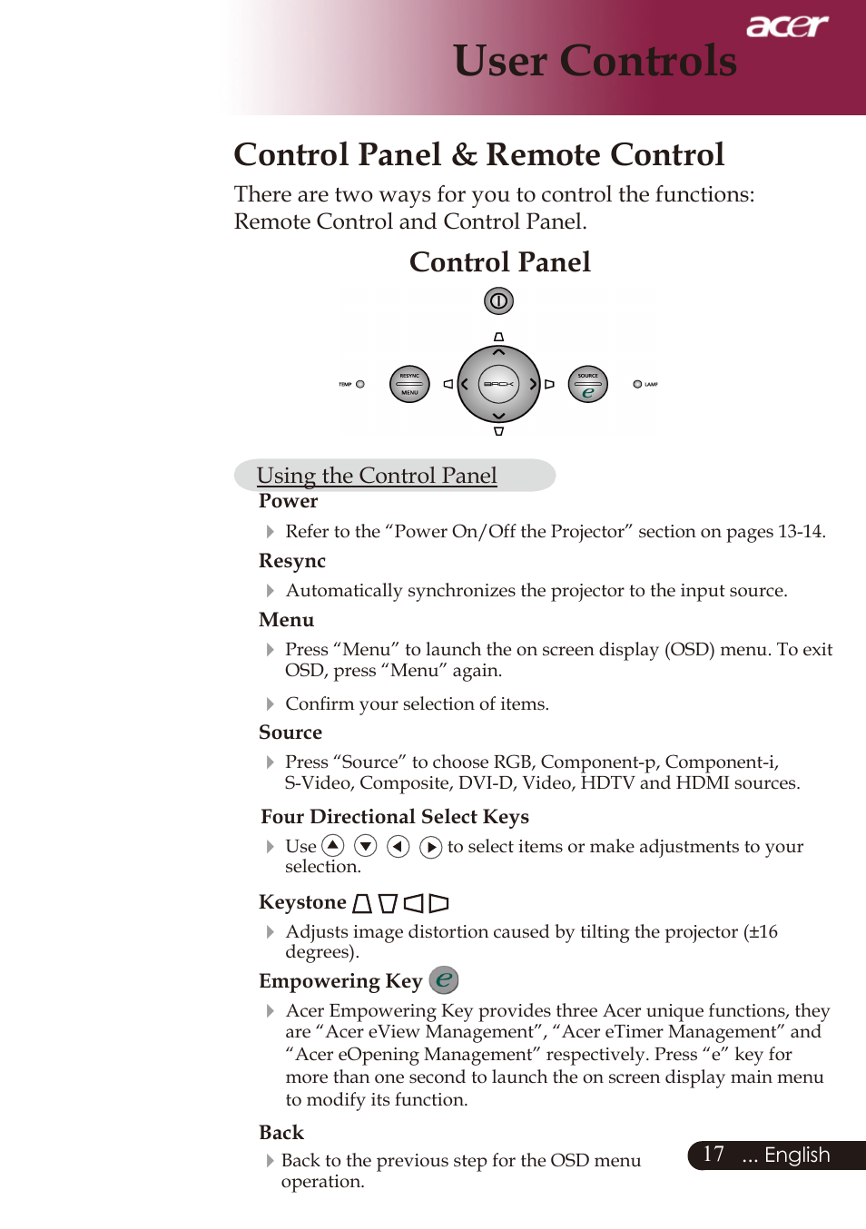 User controls, Control panel & remote control, Control panel | Acer PD726 User Manual | Page 19 / 60